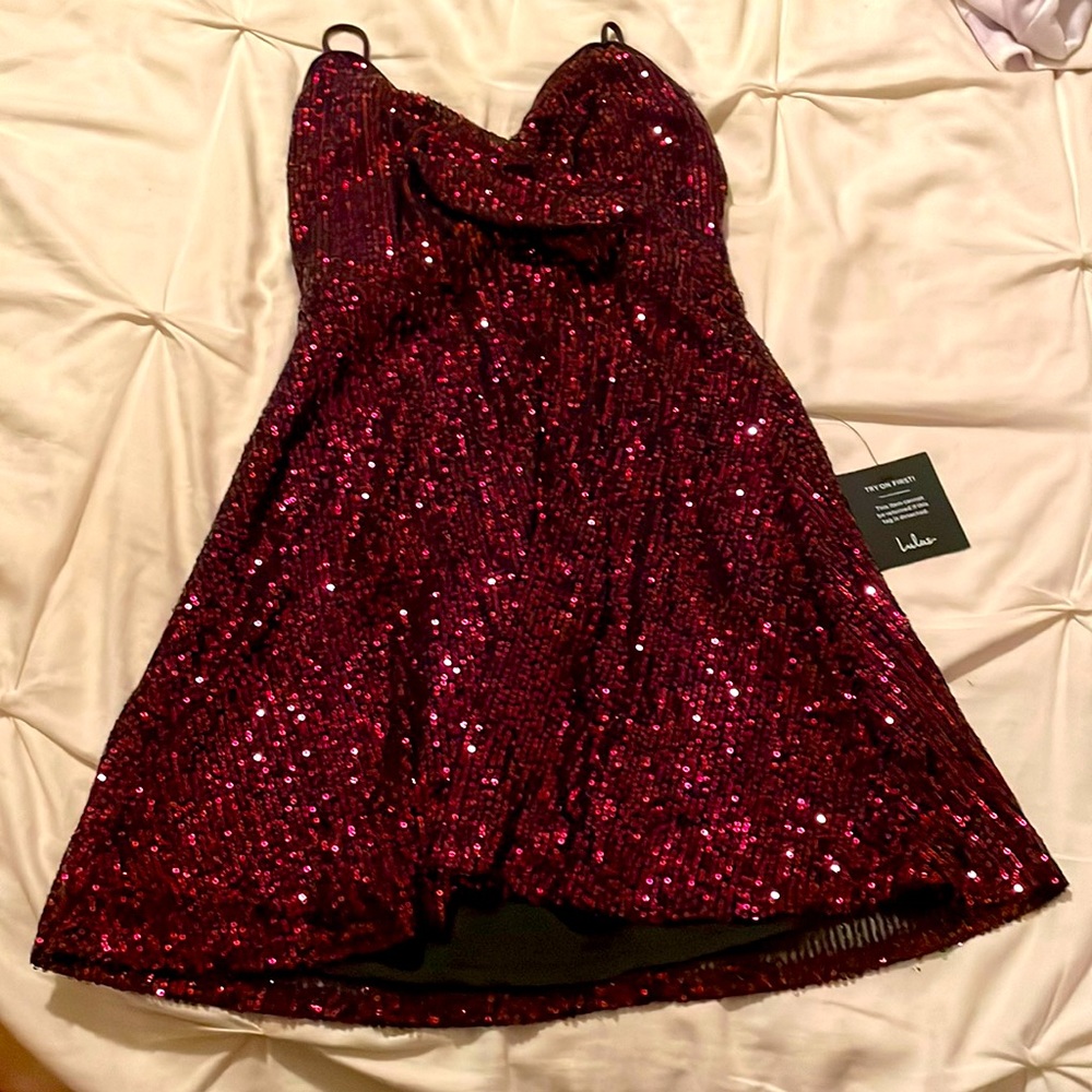 Lulu’s Shining Aura Black and Magenta Sequin Mini Skater Dress size Small